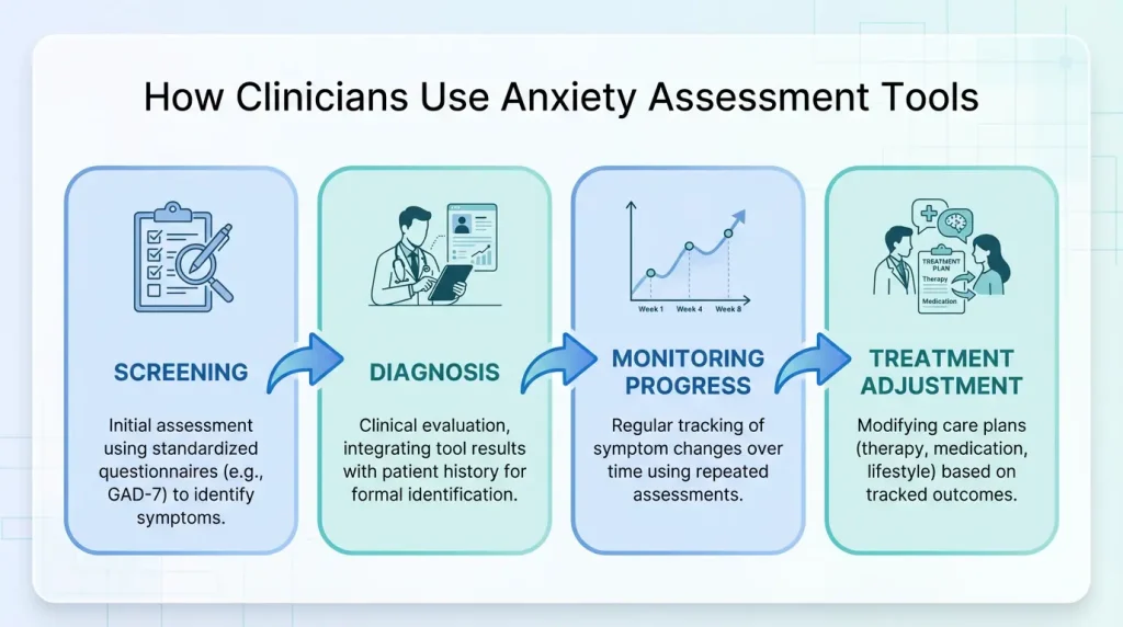 clinical workflow showing how anxiety assessment tools are used for screening diagnosis monitoring and treatment planning in mental health care