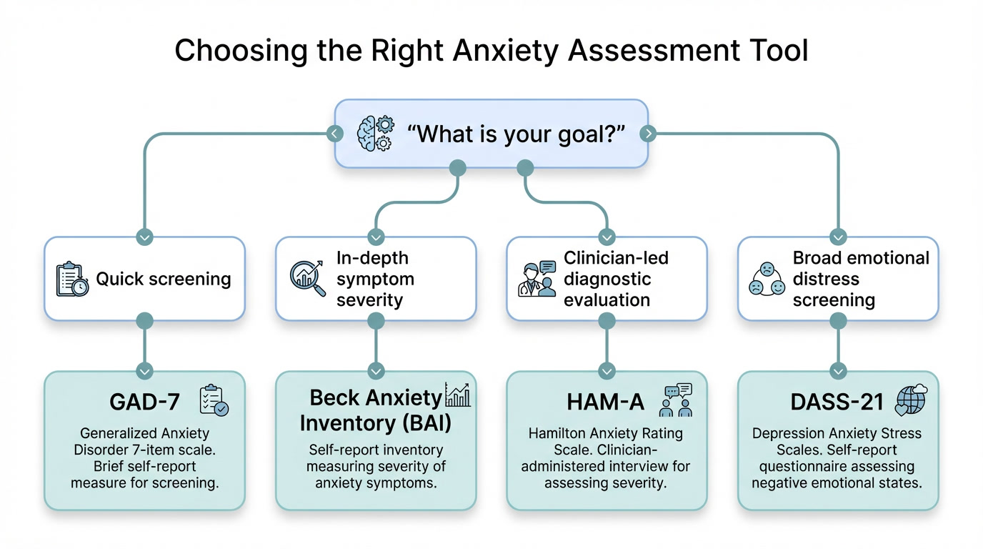 decision tree showing how to choose the right anxiety assessment tool including GAD-7 BAI HAM-A and DASS-21 for clinical use