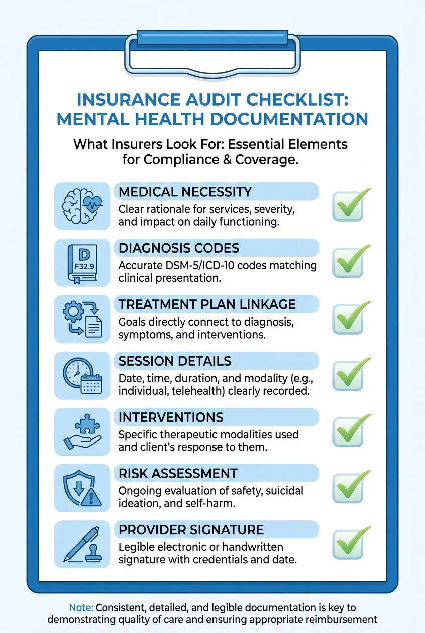 Mental health documentation checklist showing what insurance companies look for including medical necessity diagnosis codes and treatment plan linkage