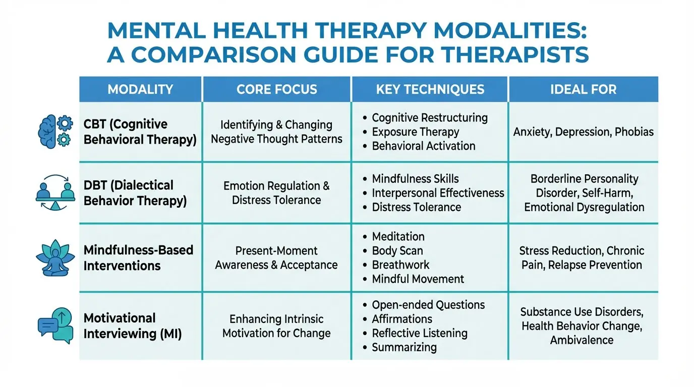chart showing common therapeutic interventions used in psychotherapy including CBT DBT mindfulness and motivational interviewing
