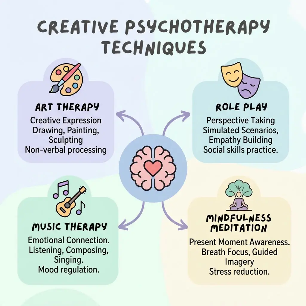 examples of creative therapy interventions including art therapy role play music therapy and mindfulness