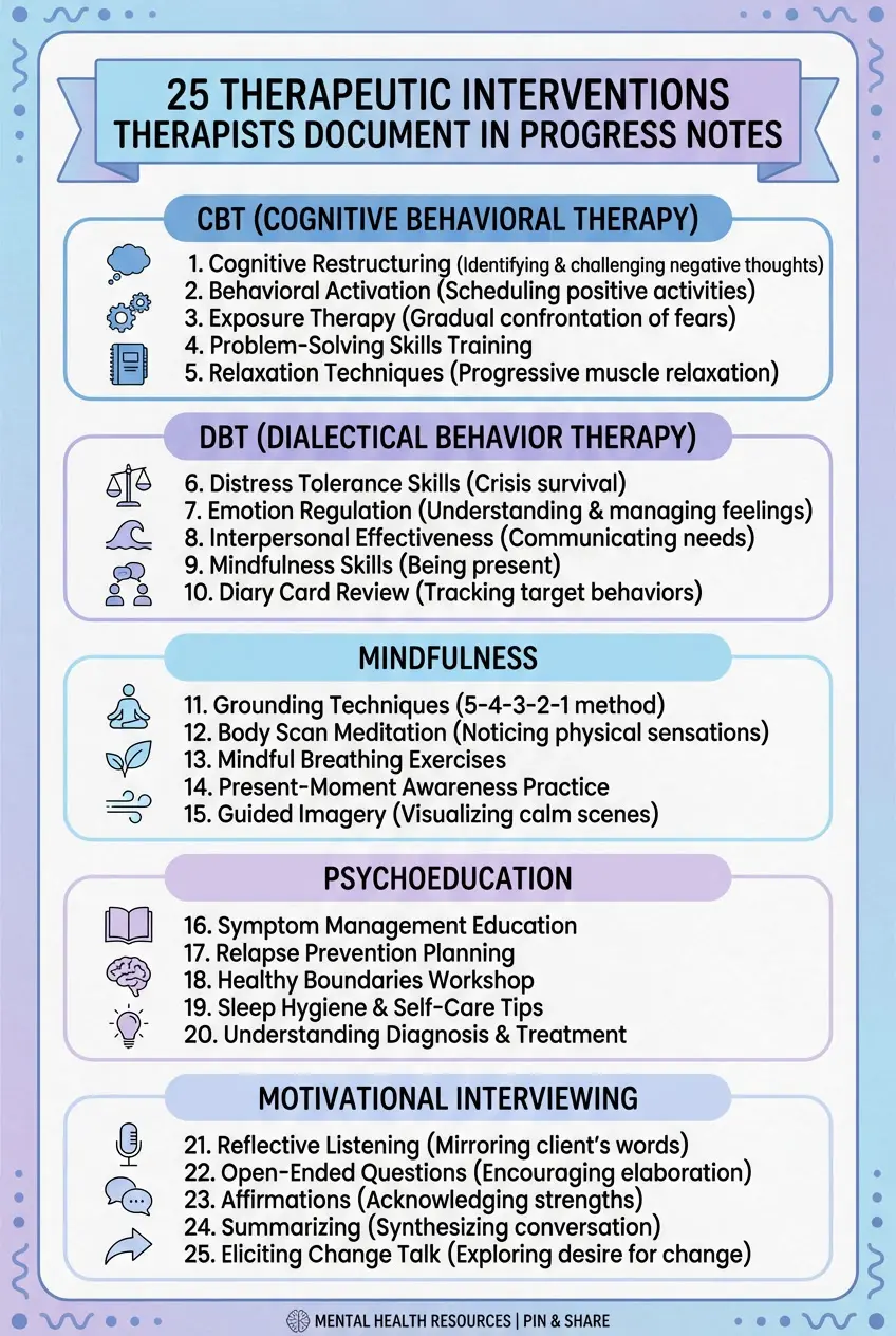 infographic listing therapeutic interventions therapists document in psychotherapy progress notes