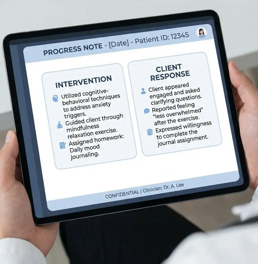example of documenting a therapeutic intervention in a therapy progress note
