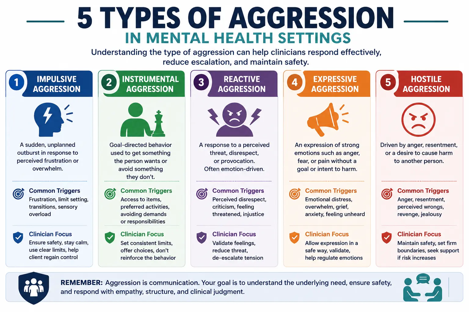 Infographic illustrating the five types of aggression in mental health settings including impulsive, instrumental, reactive, expressive, and hostile aggression