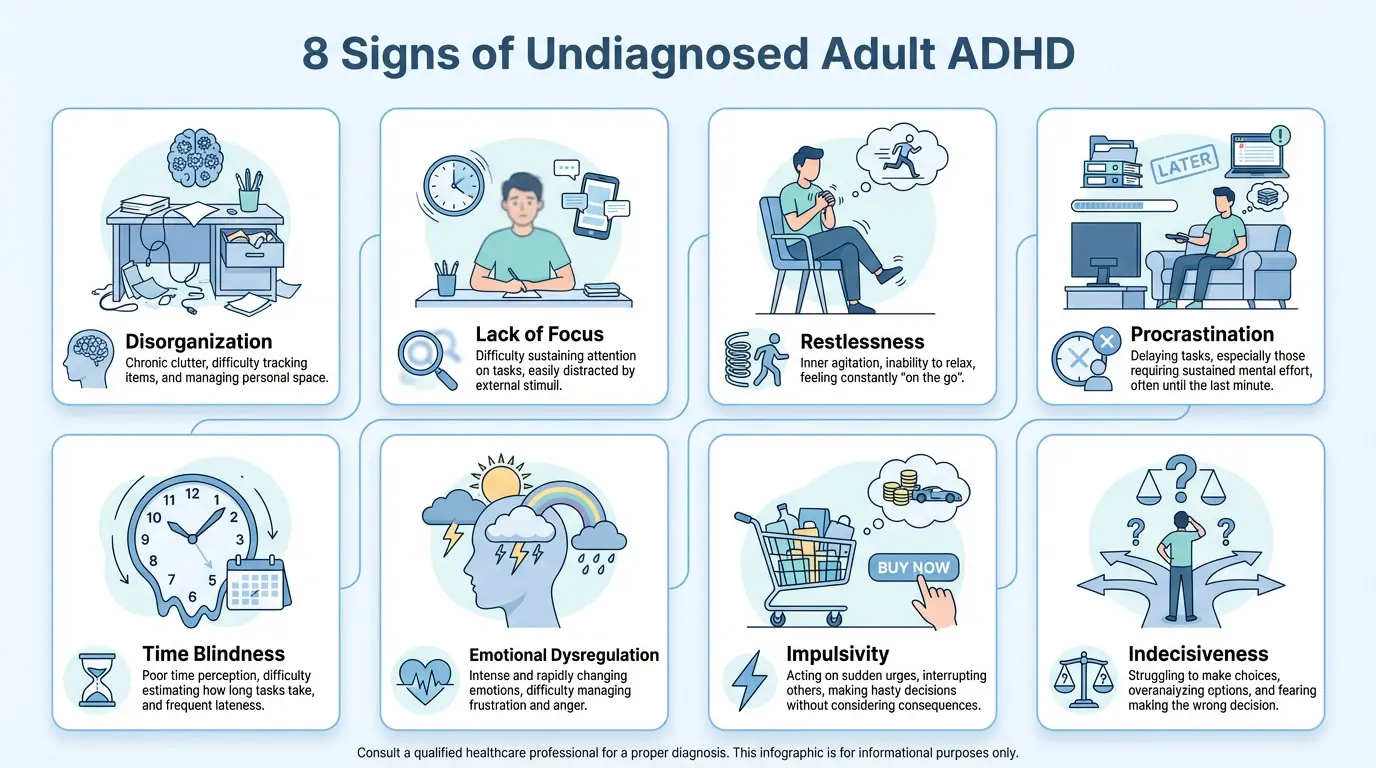 Visual checklist of adult ADHD symptoms including executive dysfunction, impulsivity, time blindness, and emotional dysregulation