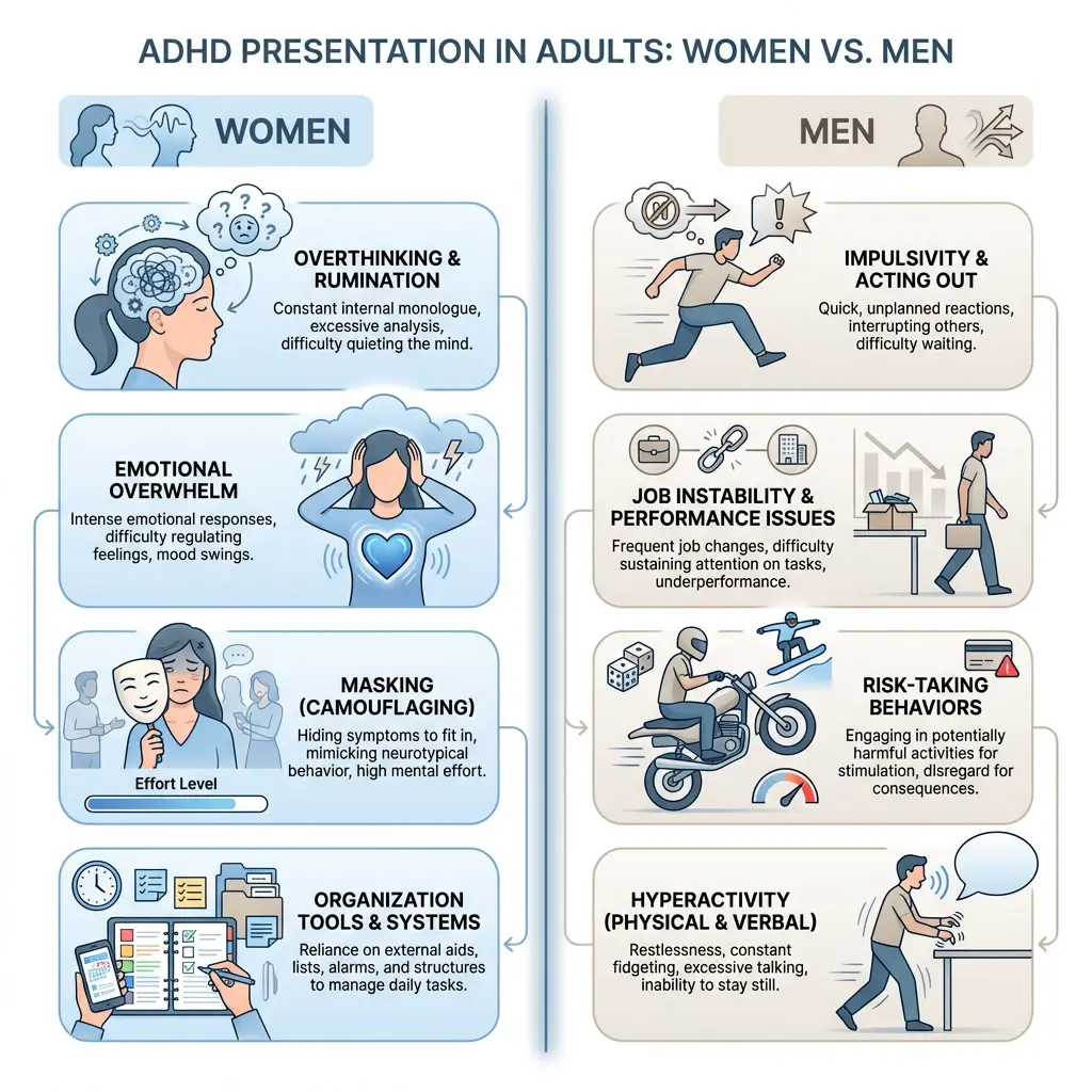 Infographic comparing ADHD symptoms in adult women vs men, including emotional overwhelm, masking, impulsivity, and risk-taking behaviors