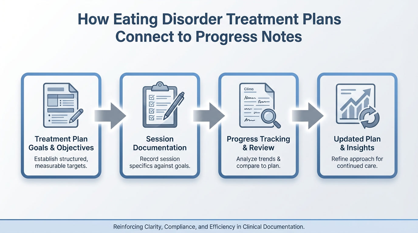 Workflow diagram showing how an eating disorder treatment plan connects to progress notes through goals, session documentation, progress tracking, and plan updates