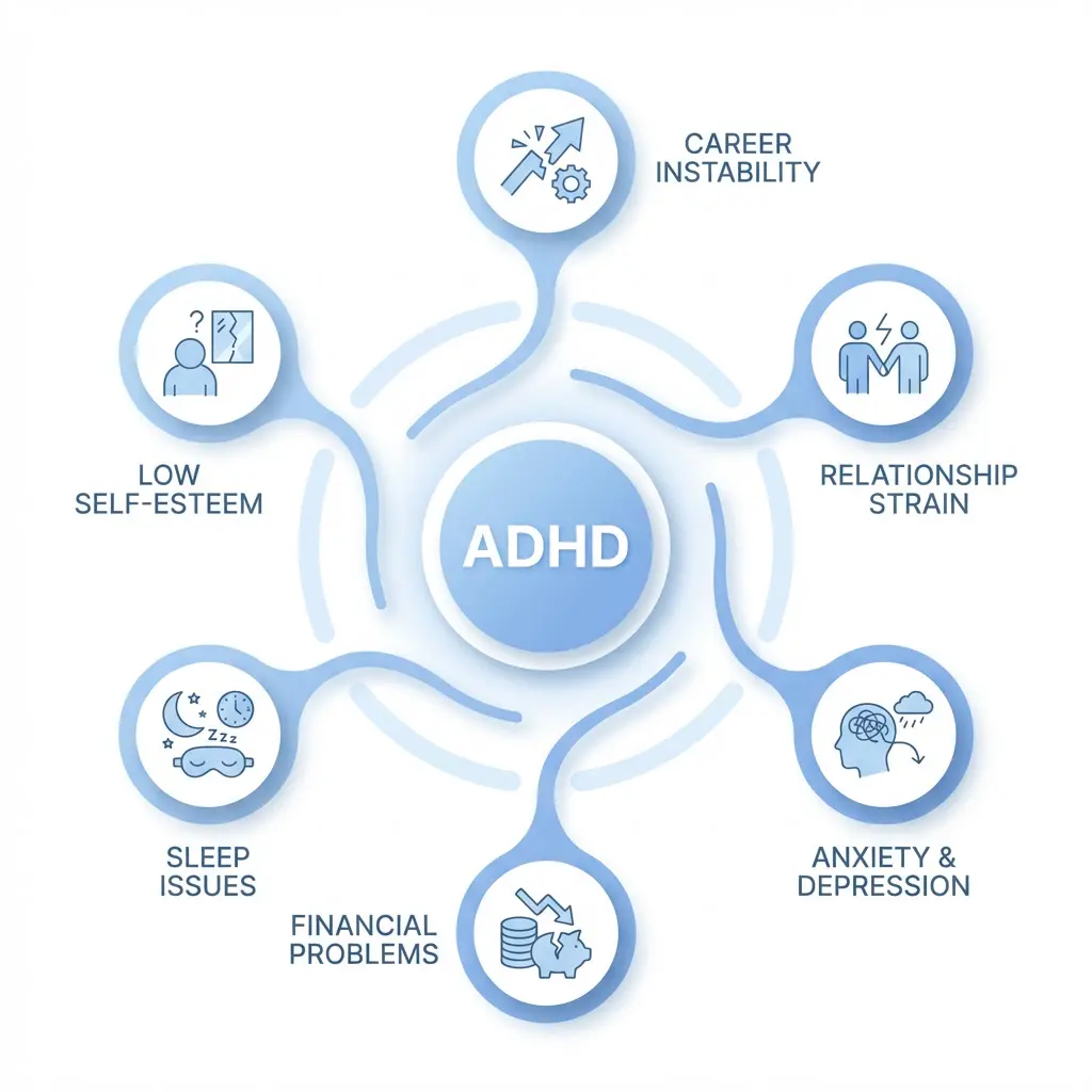 Diagram showing the effects of untreated ADHD in adults including career instability, relationship strain, anxiety and depression, financial problems, sleep issues, and low self-esteem