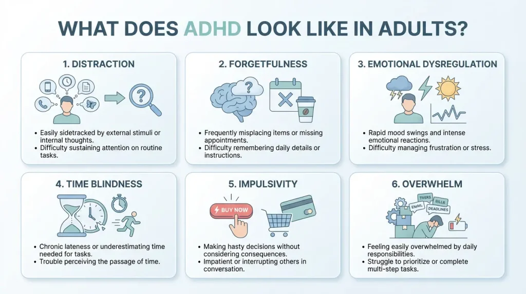 Infographic showing what ADHD looks like in adults including distraction, forgetfulness, emotional dysregulation, time blindness, impulsivity, and overwhelm
