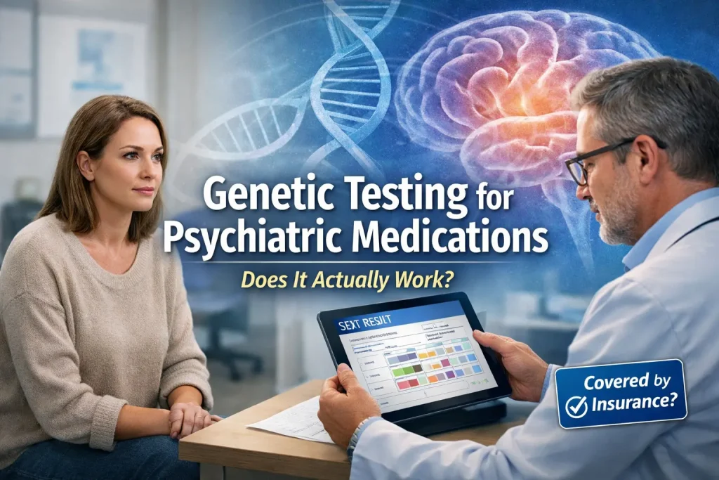 Genetic testing for psychiatric medications showing psychiatrist reviewing pharmacogenomic test results