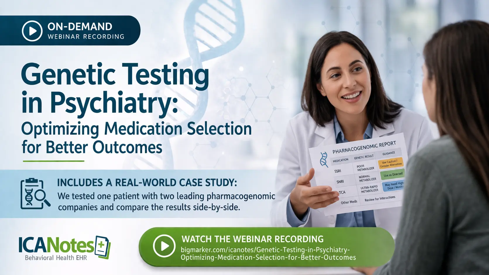 Genetic testing in psychiatry webinar recording showing pharmacogenomic case study comparing two testing companies