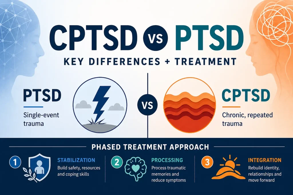 CPTSD vs PTSD differences and phased treatment approach for complex trauma