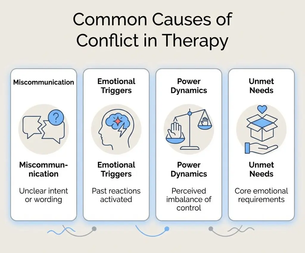 Common causes of conflict in therapy including miscommunication, emotional triggers, power dynamics, and unmet needs