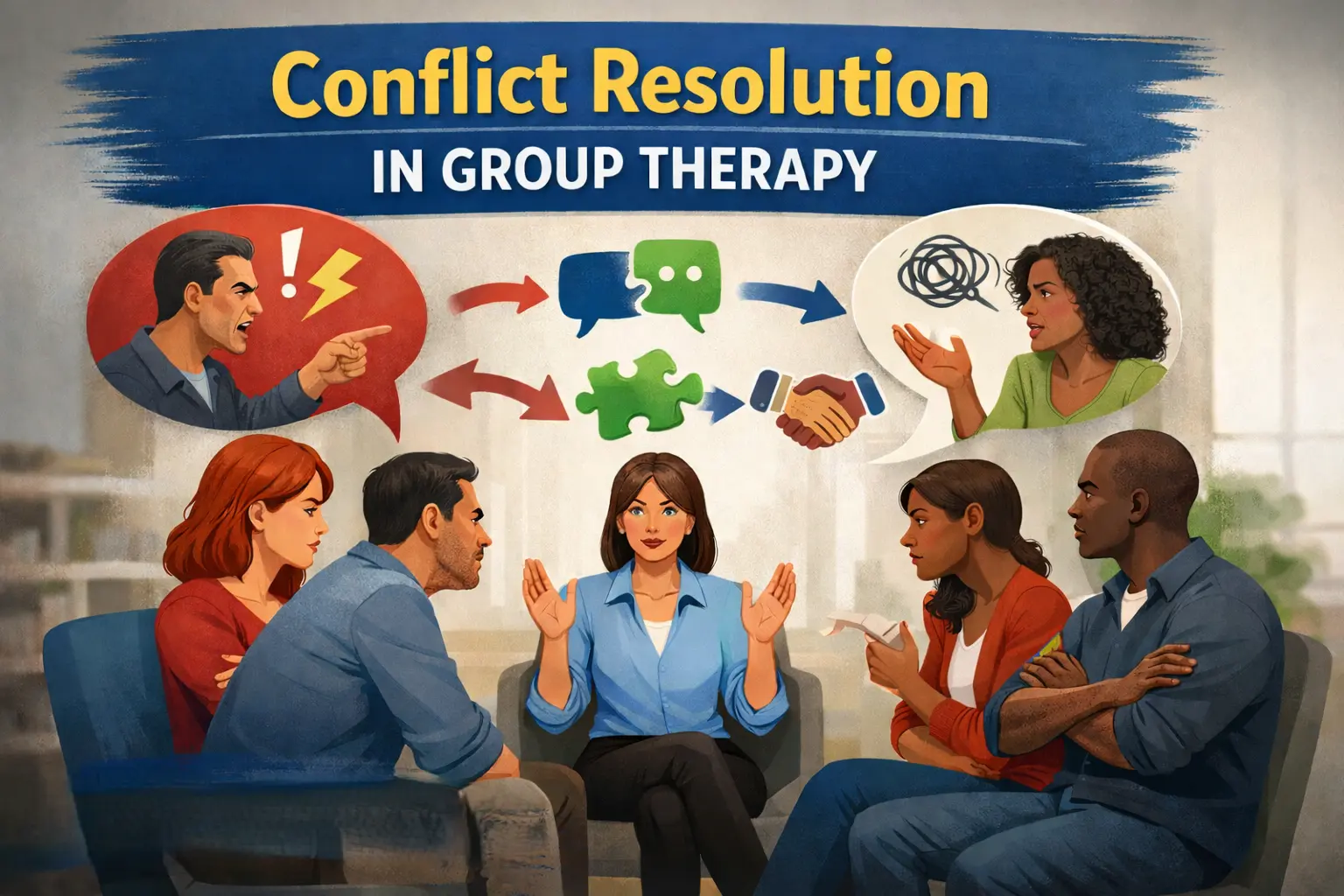 Therapist facilitating conflict resolution therapy techniques in a diverse group session