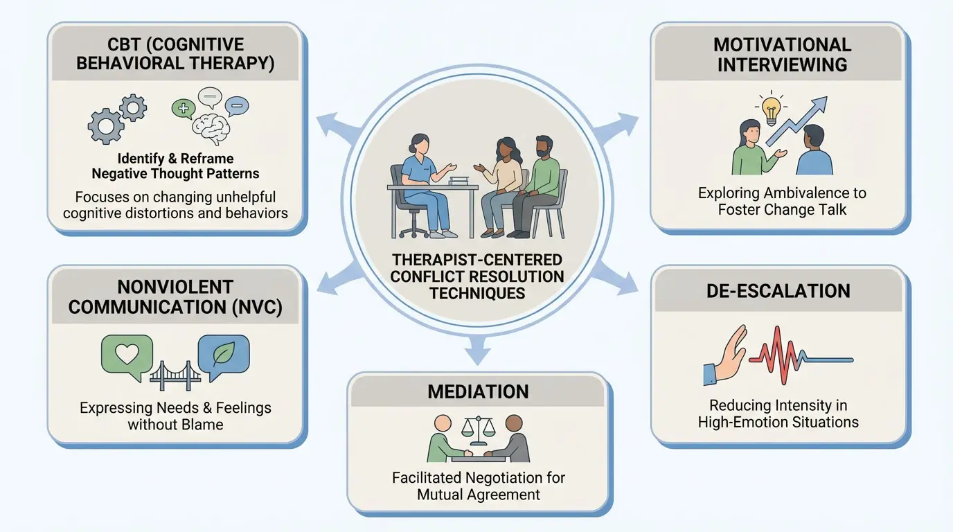 Conflict resolution therapy techniques including CBT, motivational interviewing, nonviolent communication, de-escalation, and mediation