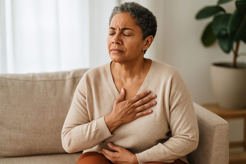 A middle-aged woman sits calmly on a sofa with her eyes closed and one hand on her chest, practicing a grounding exercise to connect with bodily sensations during somatic experiencing therapy.