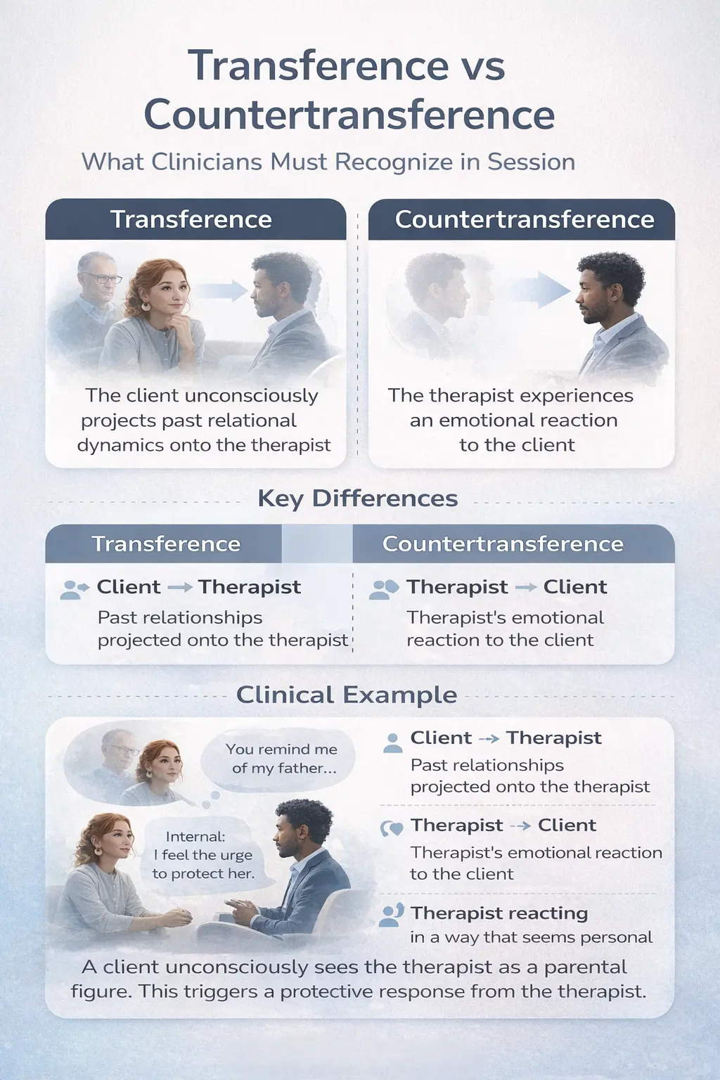 Infographic explaining transference and countertransference in therapy including definitions, differences, examples, and warning signs for clinicians