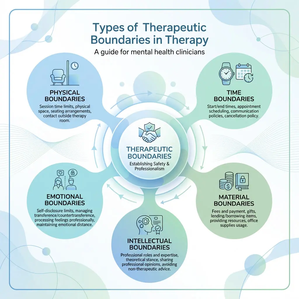 Infographic showing types of therapeutic boundaries in therapy including physical, time, emotional, material, and intellectual boundaries for clinicians
