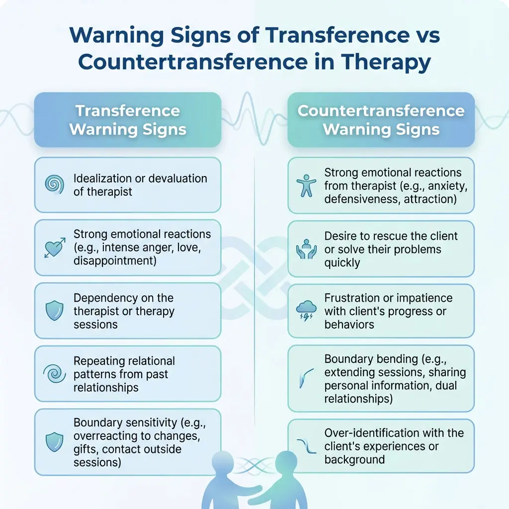 Infographic showing warning signs of transference and countertransference in therapy including emotional reactions, dependency, boundary issues, and over-identification