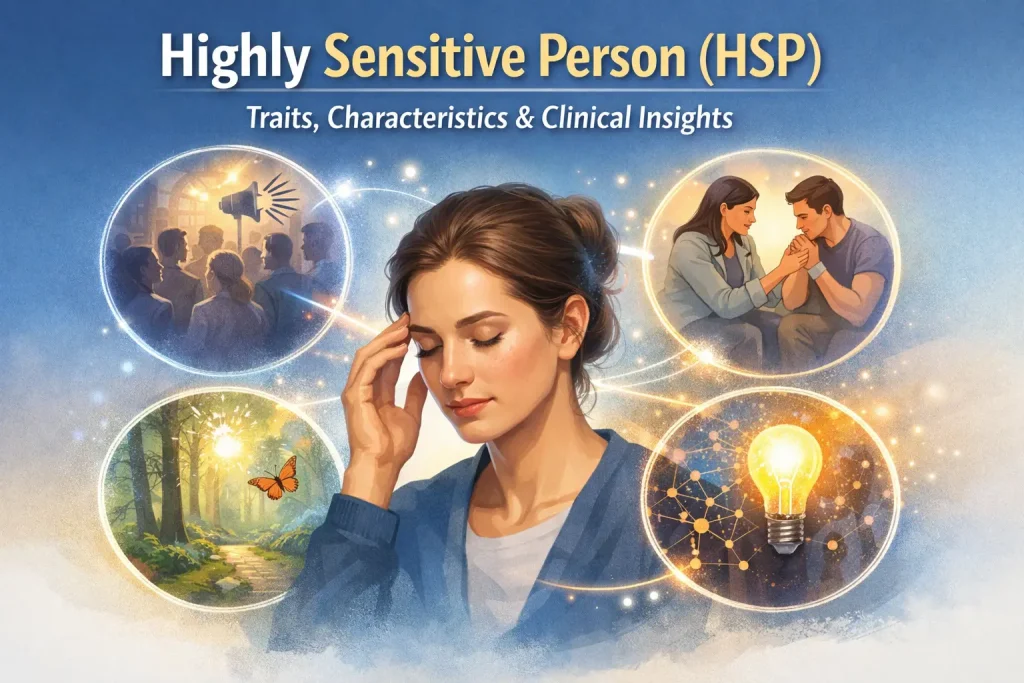 Illustration representing a highly sensitive person (HSP) processing emotional and sensory stimuli, including empathy, overstimulation, deep thinking, and creativity.