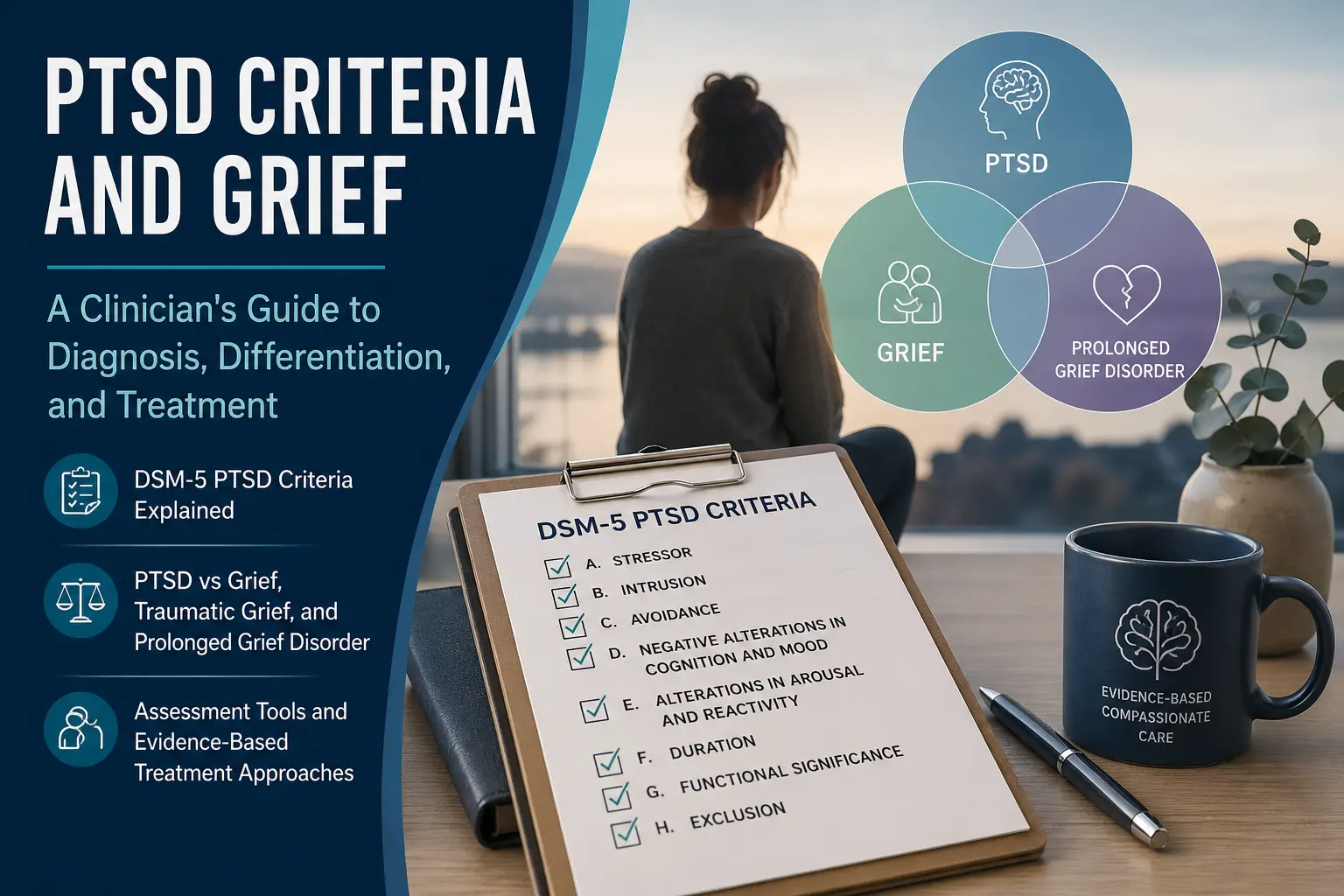 PTSD criteria vs grief diagram showing DSM-5 diagnostic differences and prolonged grief disorder