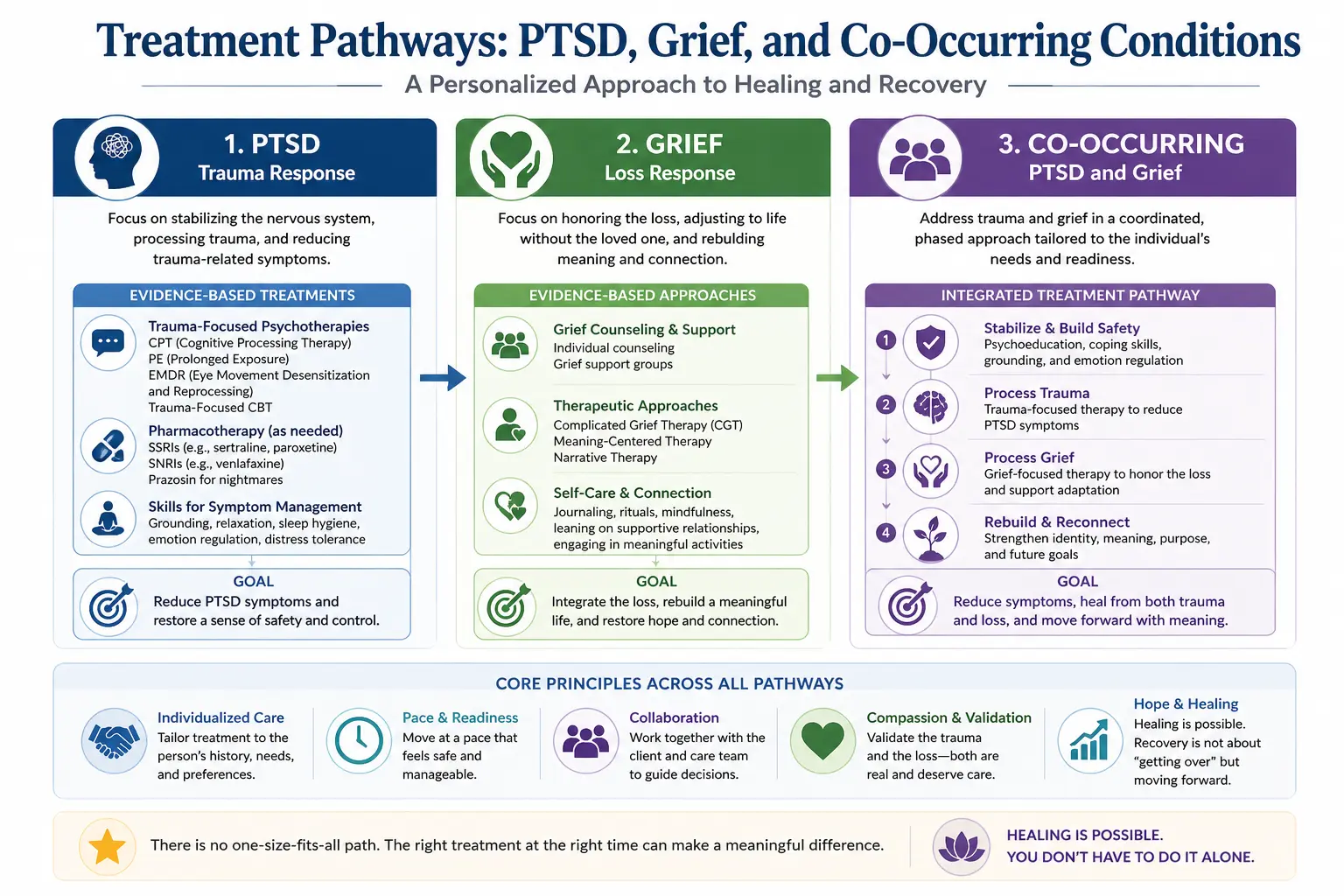 PTSD and grief treatment pathway showing trauma therapy, grief counseling, and integrated care approach