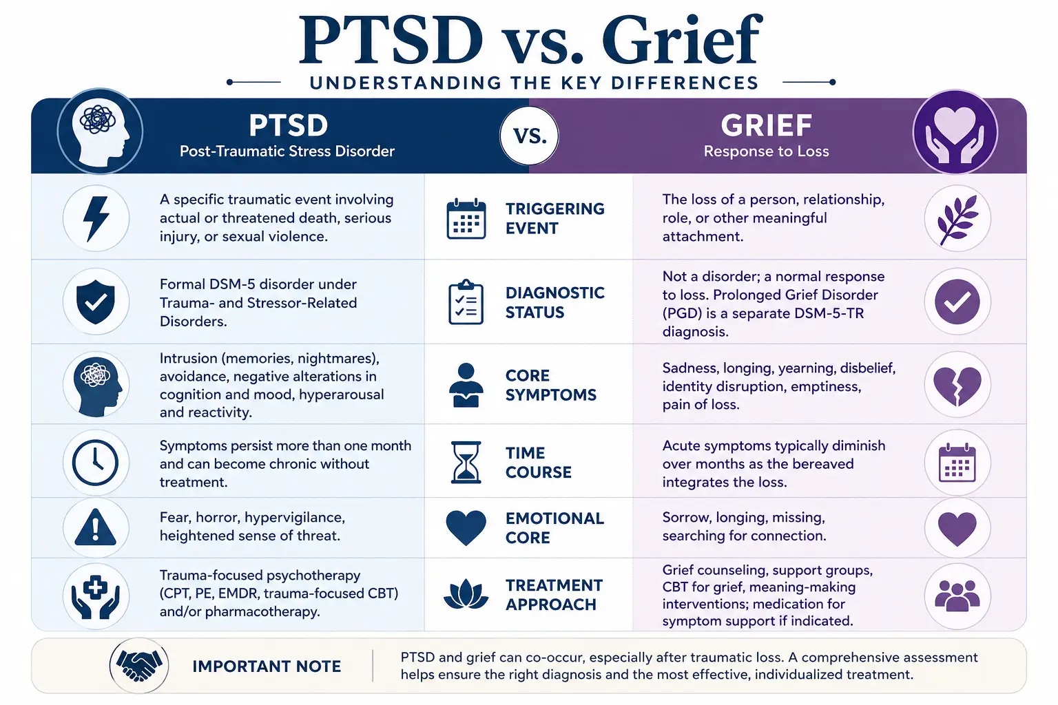 PTSD vs grief comparison chart showing DSM-5 differences, symptoms, and treatment approaches