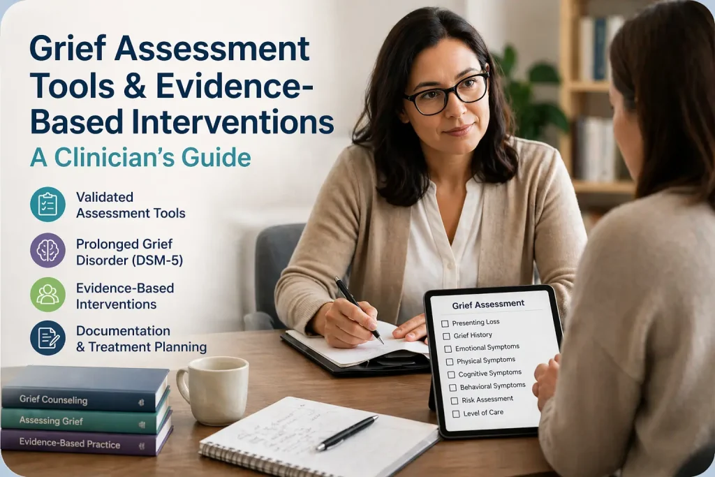 Clinician assessing grief symptoms using validated grief assessment tools and DSM-5 guidelines during therapy session