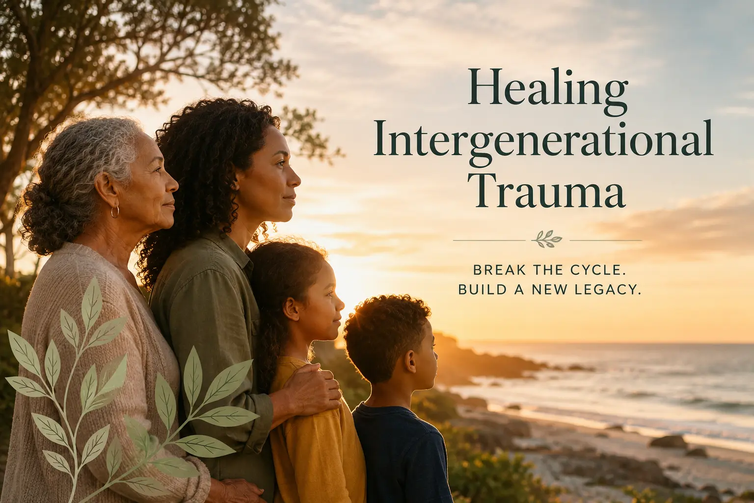 Intergenerational trauma healing illustration showing a multigenerational family representing trauma patterns, symptoms, and healing across generations