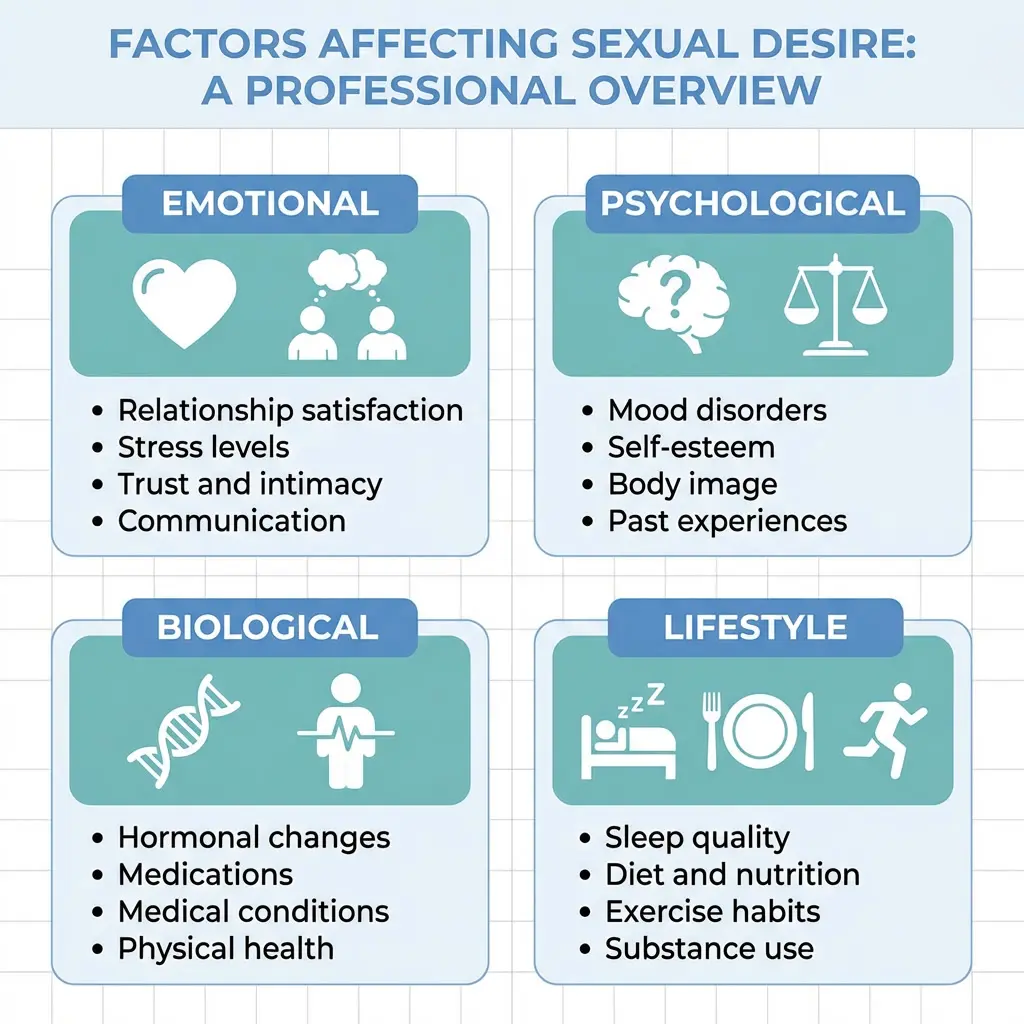 infographic showing emotional psychological biological and lifestyle causes of mismatched libidos and desire discrepancy