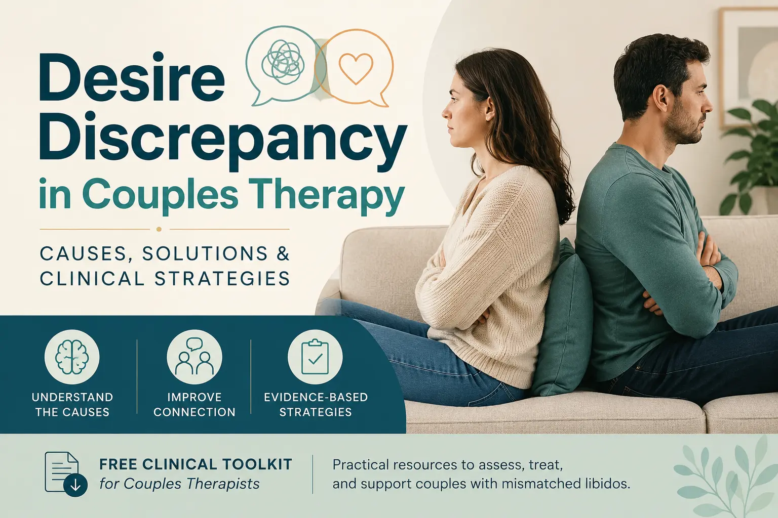 Couple experiencing desire discrepancy in therapy with text about causes, solutions, and clinical strategies for mismatched libidos