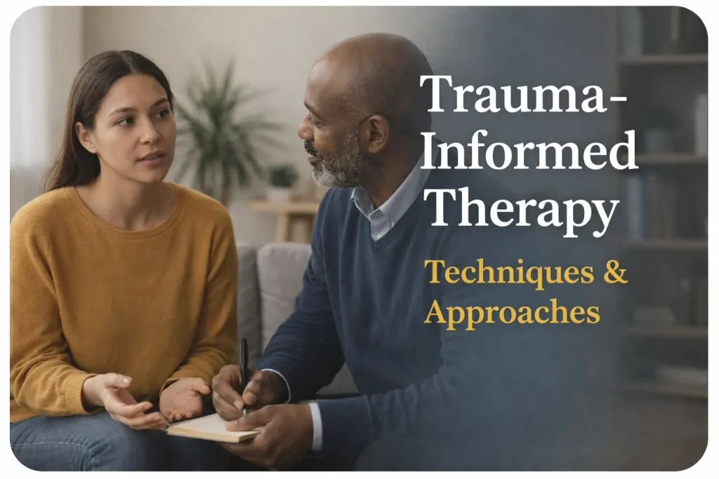 Therapist and client engaged in a collaborative trauma-informed therapy session without physical contact, demonstrating trauma-informed therapy techniques