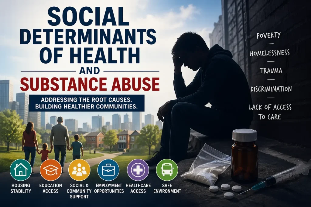 Illustration showing how social determinants of health such as poverty, housing instability, trauma, and lack of access to care contribute to substance abuse