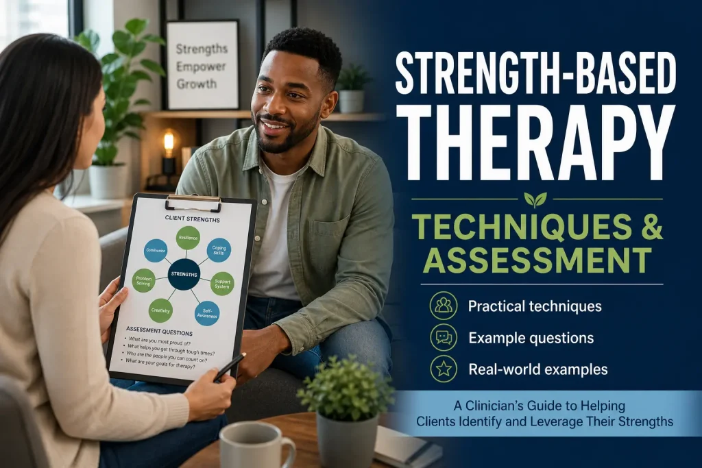 Strength-based therapy techniques and assessment example with clinician and client identifying strengths