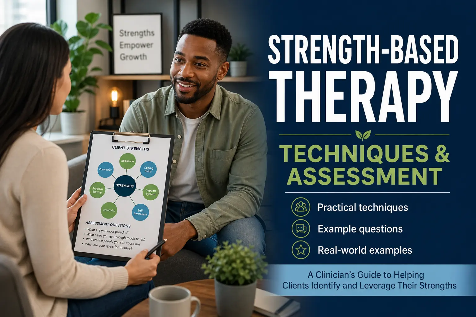 Strength-based therapy techniques and assessment example with clinician and client identifying strengths