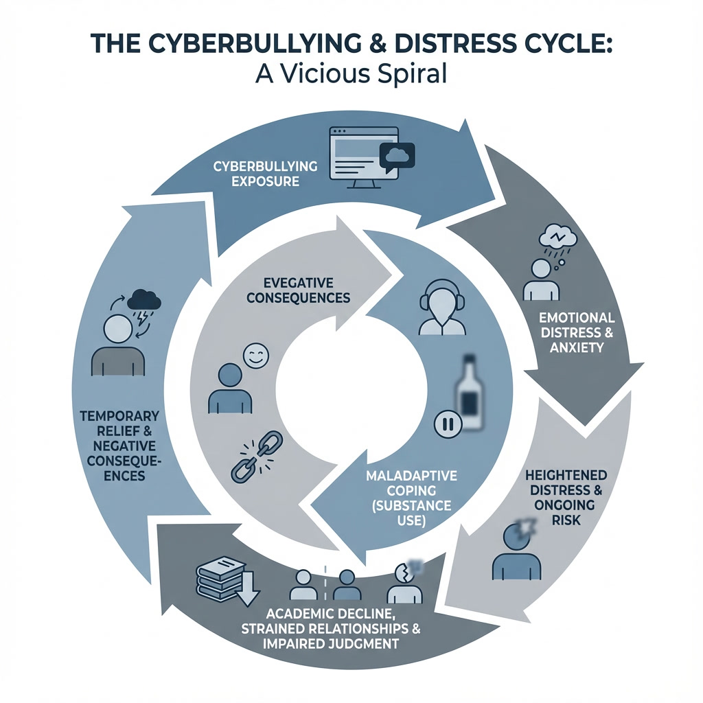 Diagram illustrating the vicious cycle between cyberbullying, psychological distress, substance use, and worsening academic, social, and mental health outcomes.