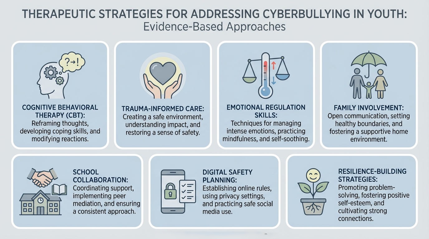 Infographic outlining evidence-based therapeutic strategies for addressing cyberbullying in youth, including CBT, trauma-informed care, emotional regulation, family involvement, school collaboration, digital safety planning, and resilience-building.