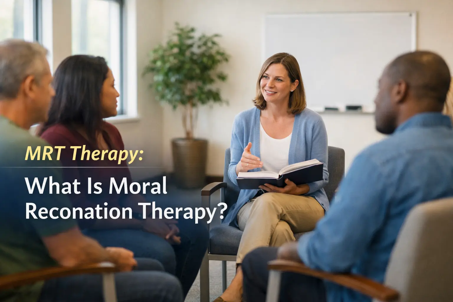 Therapist leading a moral reconation therapy group session with adults seated in a circle in a clinical setting