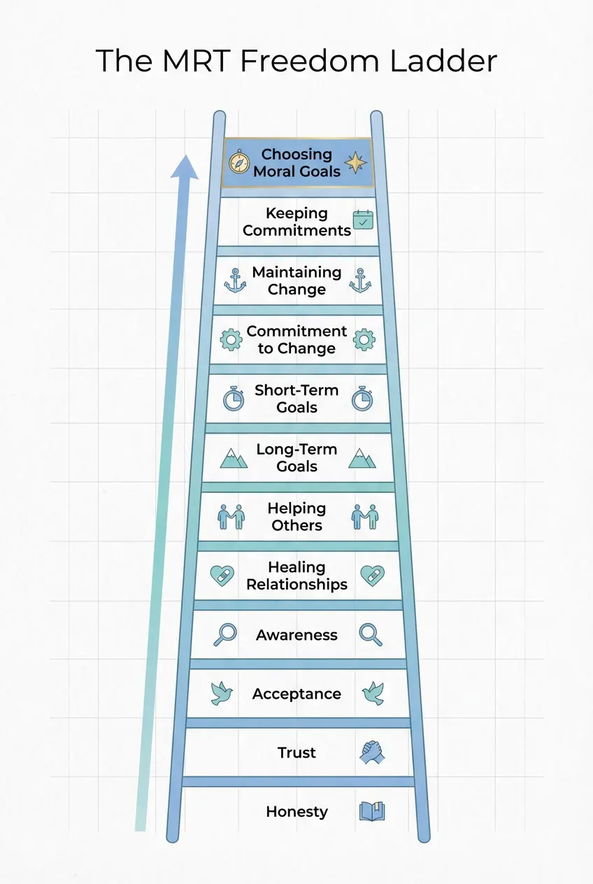 Diagram of the MRT Freedom Ladder showing the 12 steps of Moral Reconation Therapy from honesty to choosing moral goals