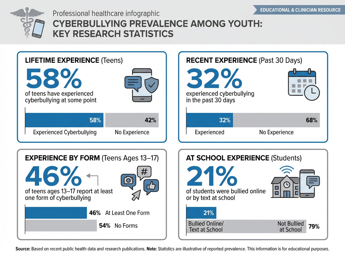 Infographic showing the prevalence of cyberbullying among youth, including lifetime, recent, and school-based cyberbullying statistics.