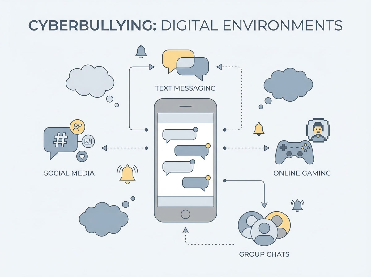 Diagram showing common digital environments where cyberbullying occurs, including social media, text messaging, online gaming, and group chats.