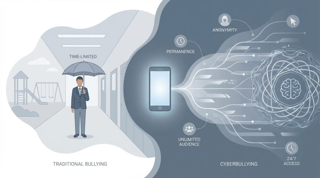 Illustration comparing traditional bullying and cyberbullying, highlighting factors such as permanence, anonymity, unlimited audience, and 24/7 access that increase psychological harm.