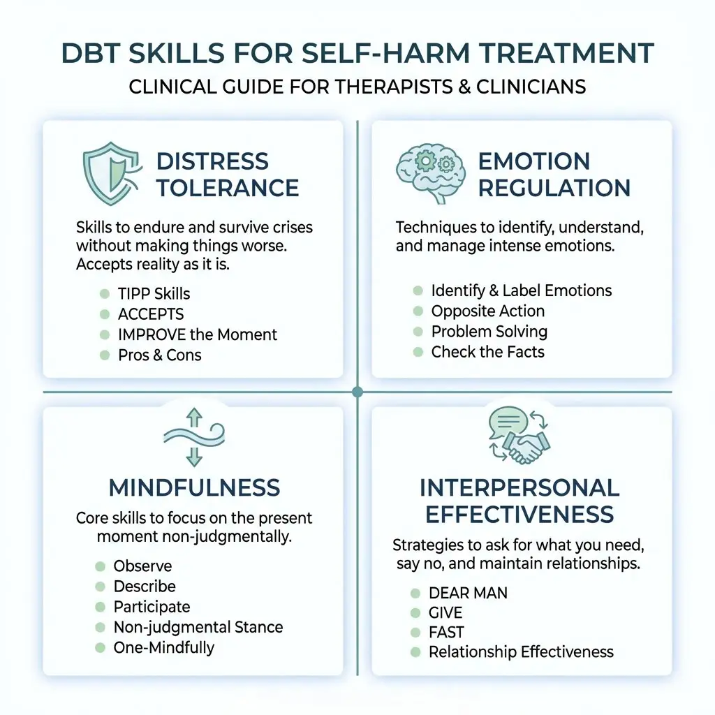 Diagram showing DBT skills for self harm addiction treatment including distress tolerance, emotion regulation, mindfulness, and interpersonal effectiveness