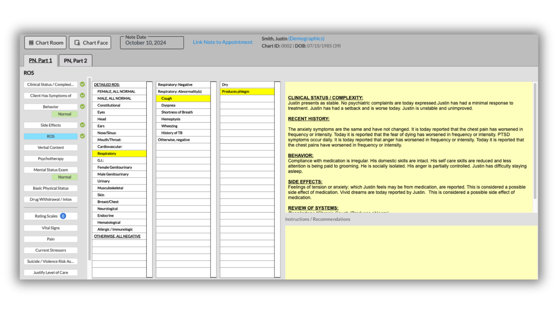 Screenshot of the ICANotes EHR Progress Note screen showing menu-driven clinical documentation options for therapists and prescribers