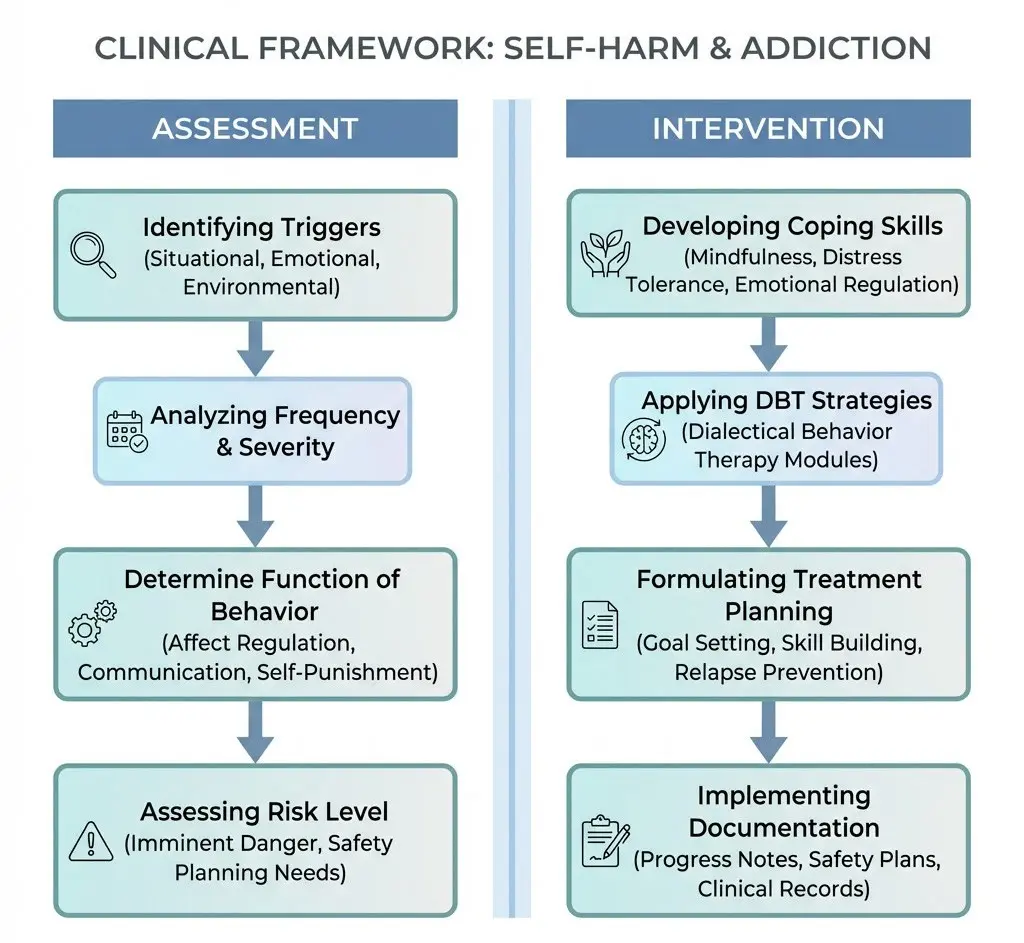 Clinical framework diagram showing assessment and intervention strategies for self harm addiction treatment