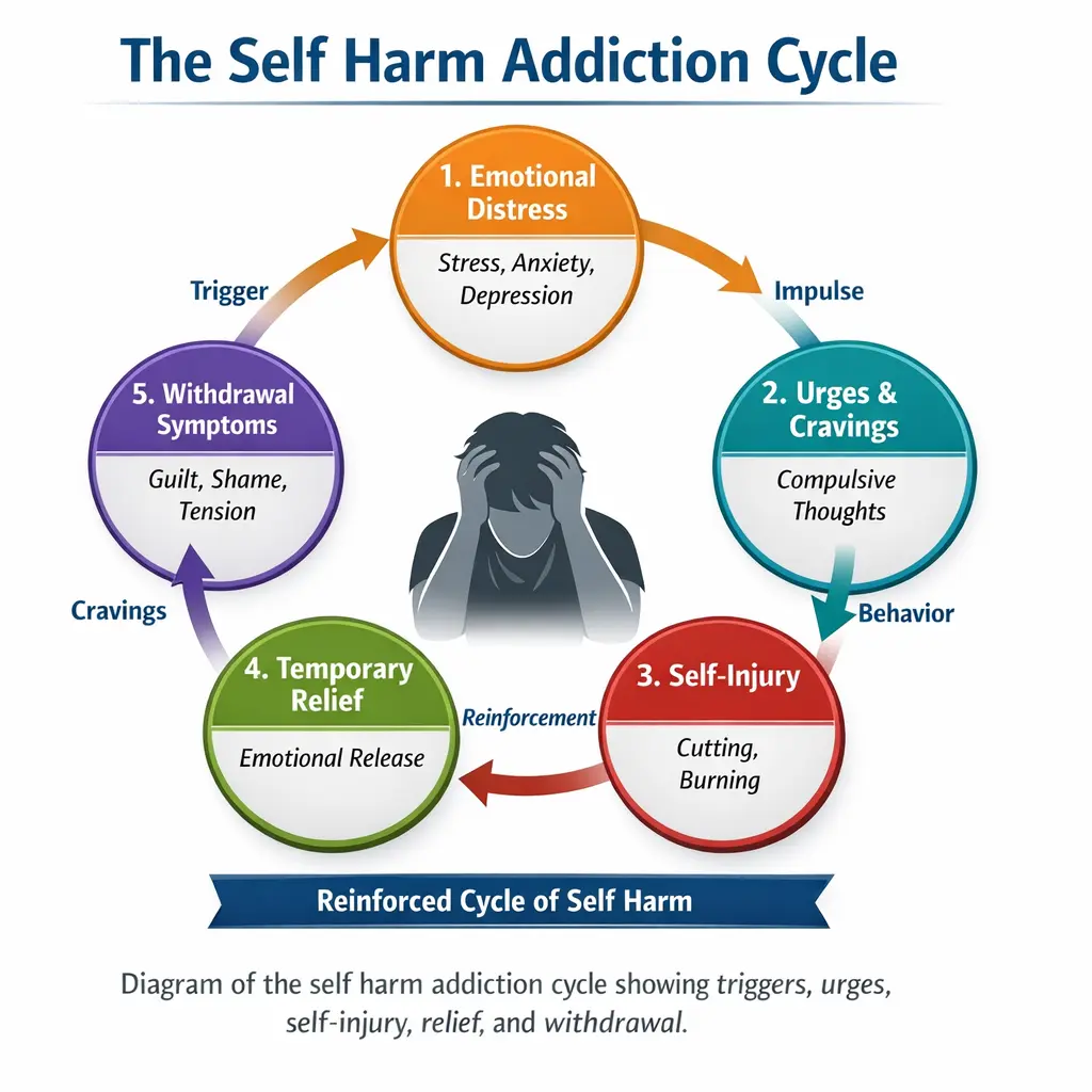 Diagram of the self harm addiction cycle in teenagers showing emotional distress, urges and cravings, self-injury, temporary relief, and withdrawal symptoms