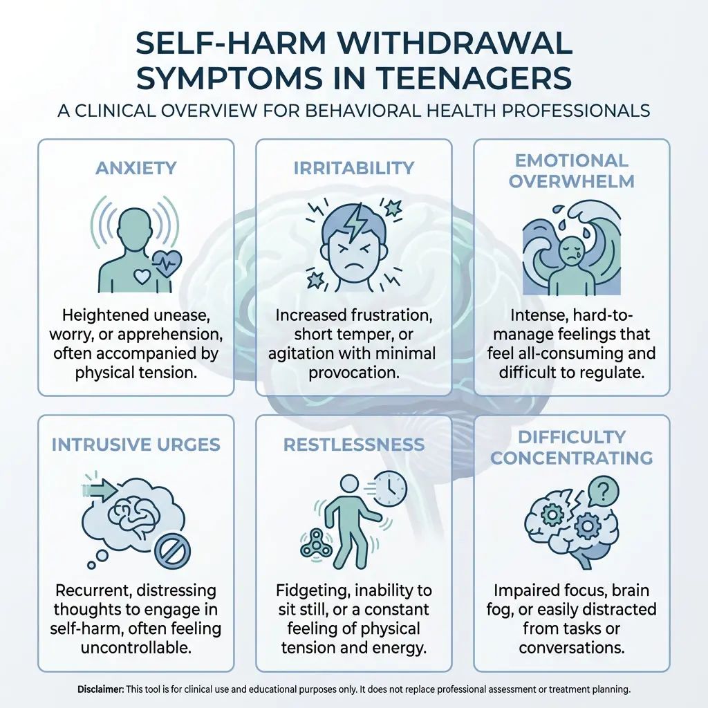 Infographic showing self harm withdrawal symptoms in teenagers including anxiety, irritability, emotional distress, and urges to self-harm