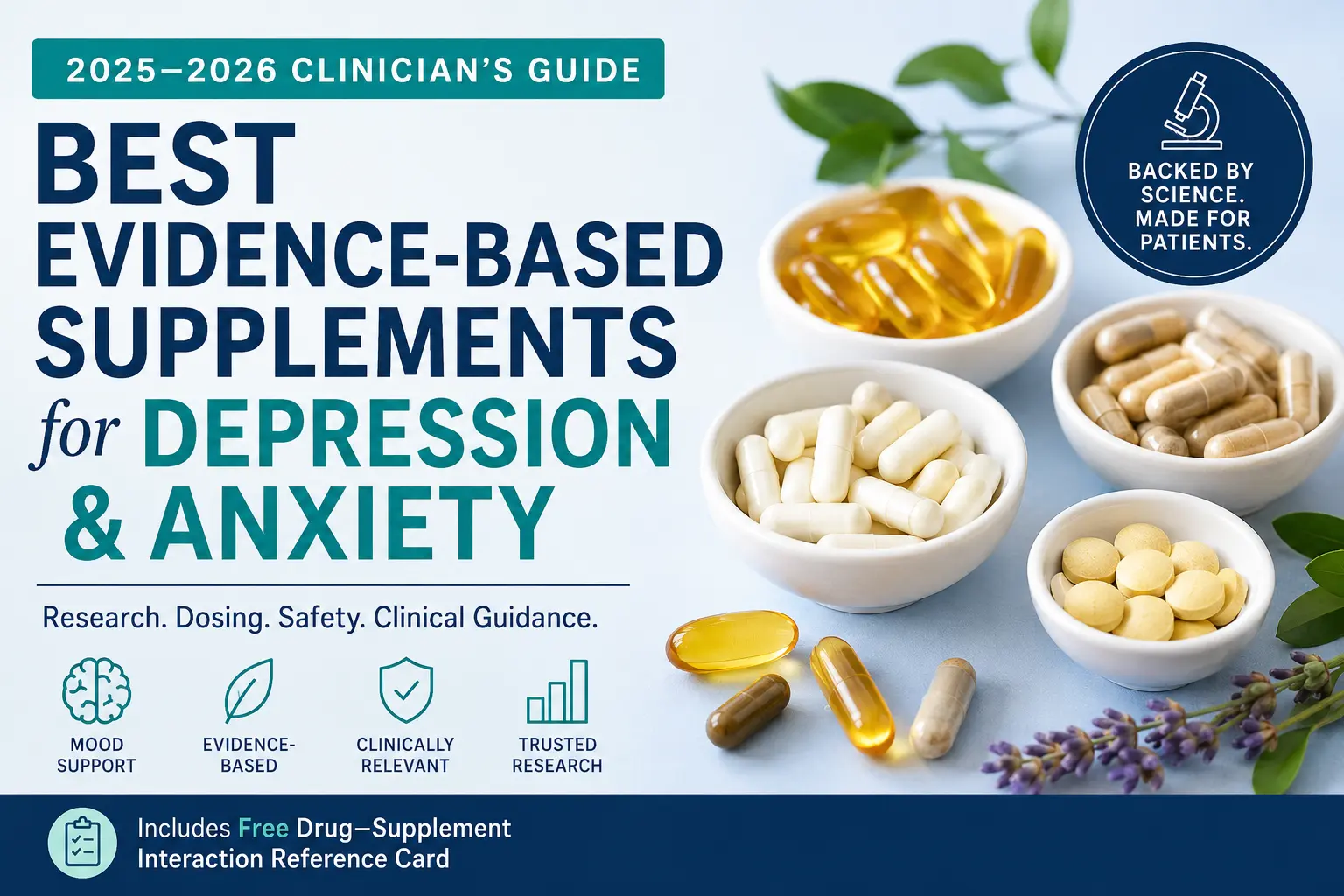 Professional infographic showing evidence-based supplements for depression and anxiety, including omega-3, magnesium, vitamin D, saffron, NAC, and other research-backed mental health supplements.