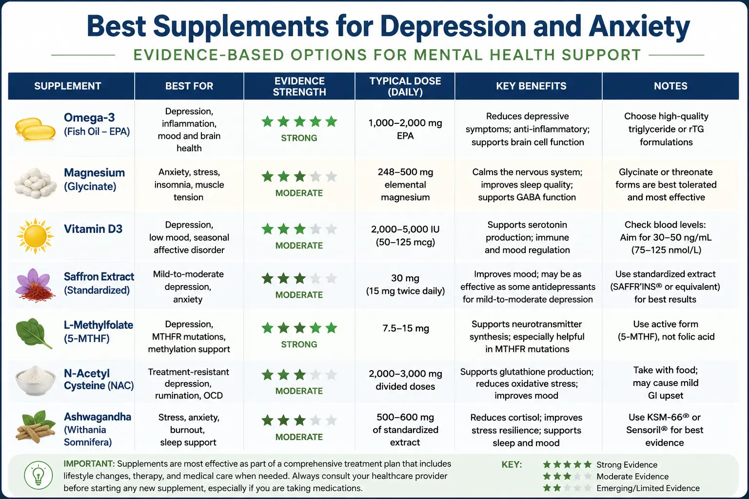 Comparison chart of evidence-based supplements for depression and anxiety showing omega-3, magnesium, vitamin D, saffron, L-methylfolate, NAC, and ashwagandha with dosing, benefits, and evidence strength ratings.