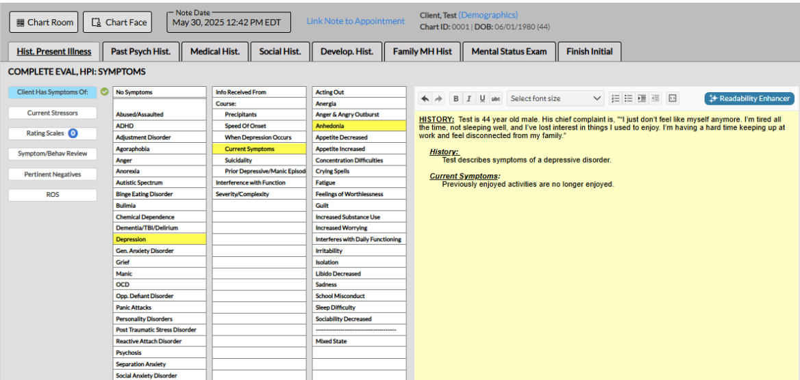 Sample hpi menu-driven template in ICANotes